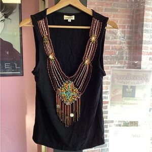 Elegant Black Tank Top sleeveless blouse  Colorful Beadwork